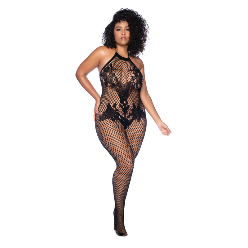 Body de encaje floral con sujetador y sin entrepierna - Talla Reina - Negro