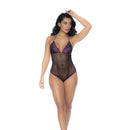 Ensemble Bodysuit en résille et dentelle - Taille unique - Noir/Violet