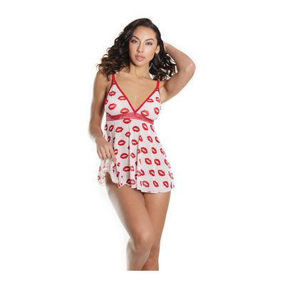 Lip Print Babydoll and Thong - One Size