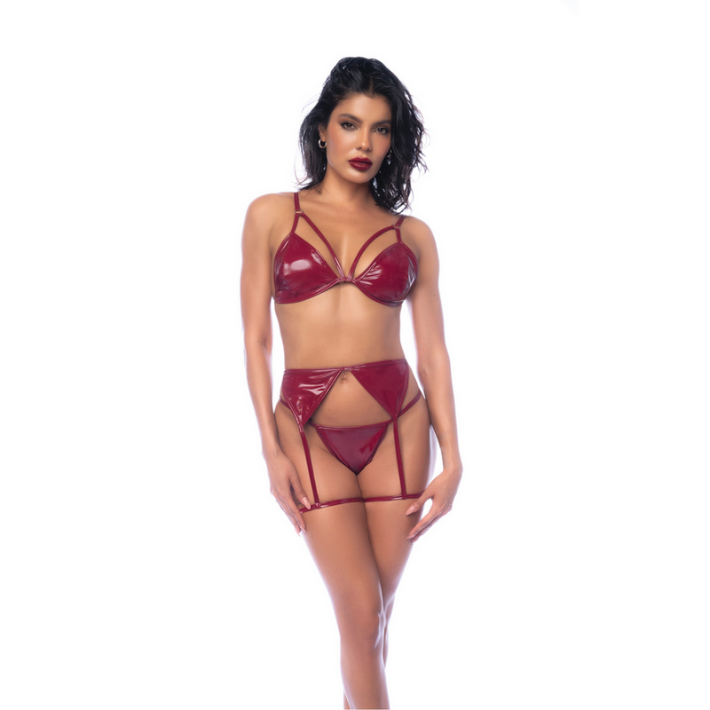 Conjunto de Sujetador de Tres Piezas - M - Rojo Vino Brillante
