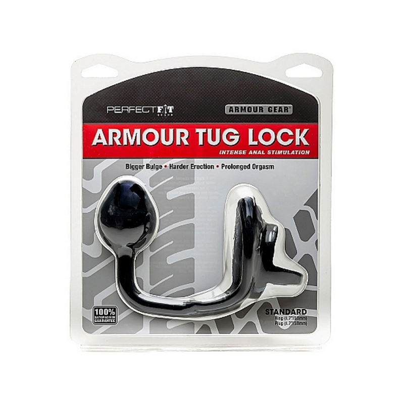 Armor Tug Lock - Cockring avec sangle pour testicules et plug anal - Moyen