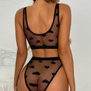Ensemble Deux Pièces en Dentelle Transparente en Forme de Cœur - L/XL - Noir