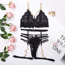 Ensemble en dentelle à découpes avec chaînes en trois pièces à bretelles - L/XL - Noir