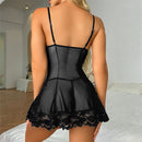 Babydoll en Dentelle et Maille avec String - L/XL - Noir