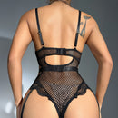 Body en dentelle transparente avec découpes et chaîne au col - S/M - Noir