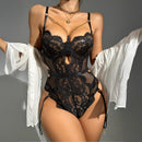 Body en dentelle transparente avec découpes et chaîne au col - S/M - Noir