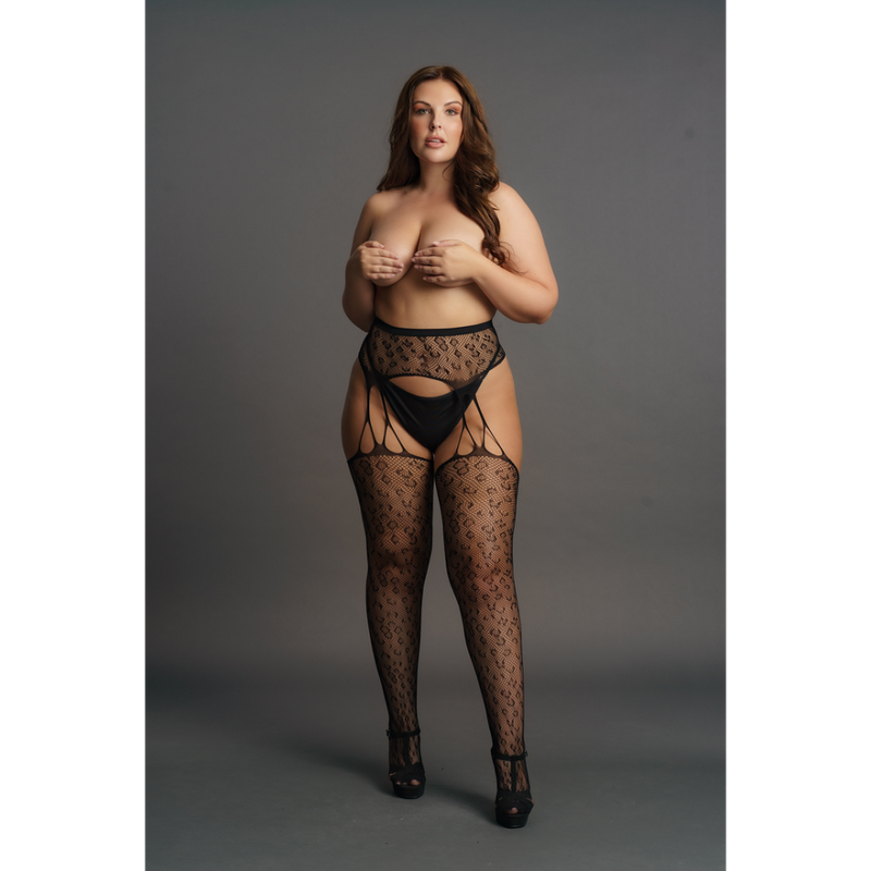 Suspender Leopard Pantyhose - Plus Size