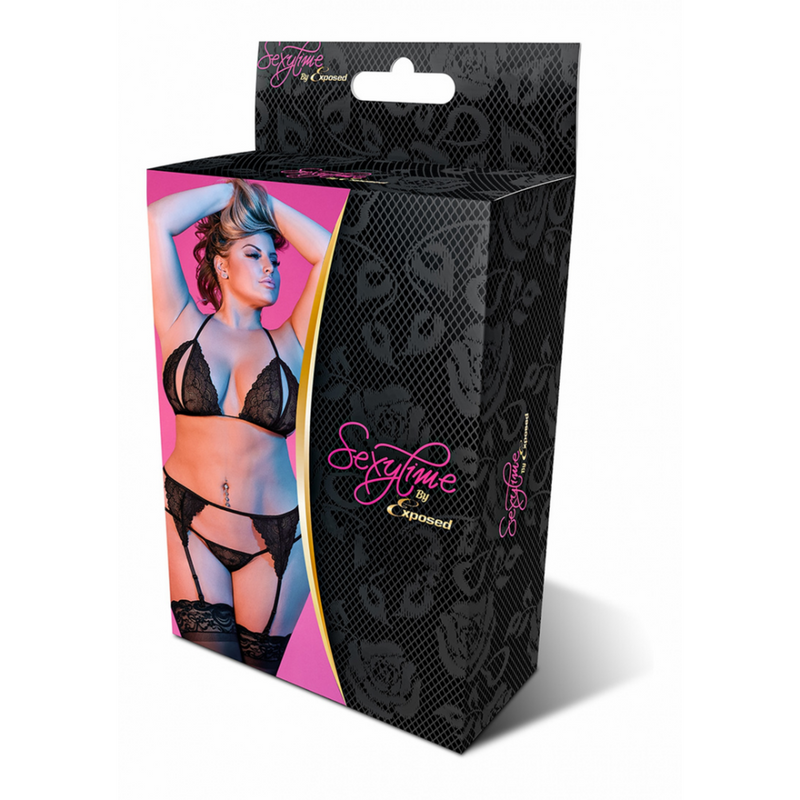 Ensemble Soutien-Gorge Peek-a-Boo, Jarretelles et G-String - 2X - Noir