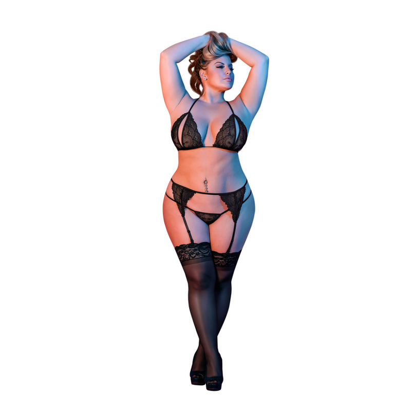 Ensemble Soutien-Gorge Peek-a-Boo, Jarretelles et G-String - 2X - Noir