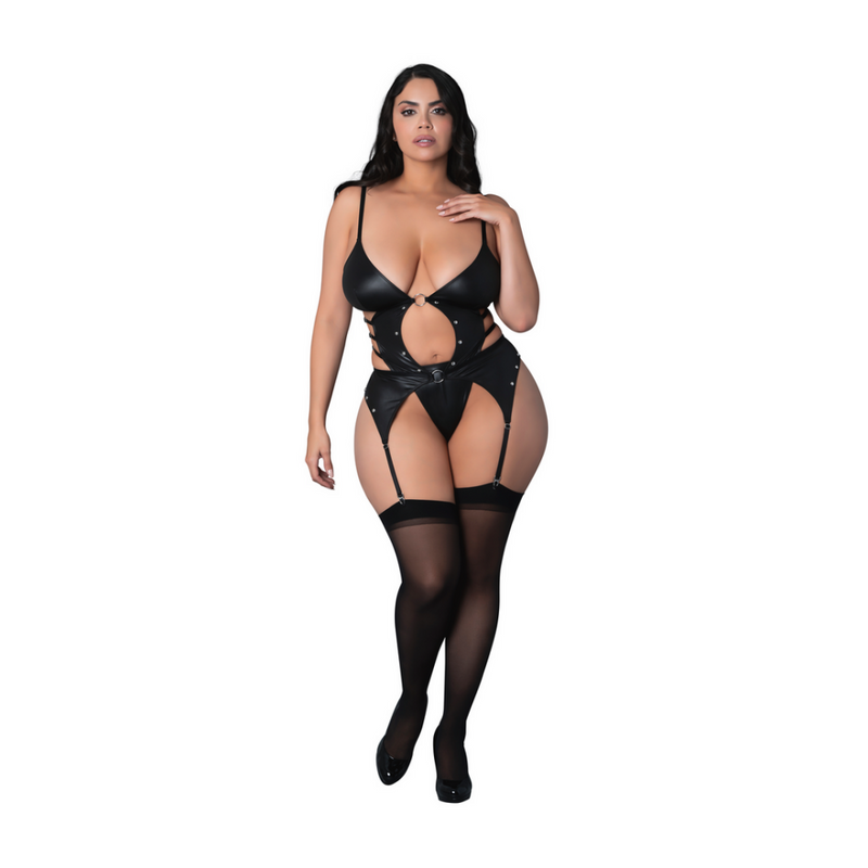 Kira - Basque ouvert avec jarretelles et string - 2X - Noir