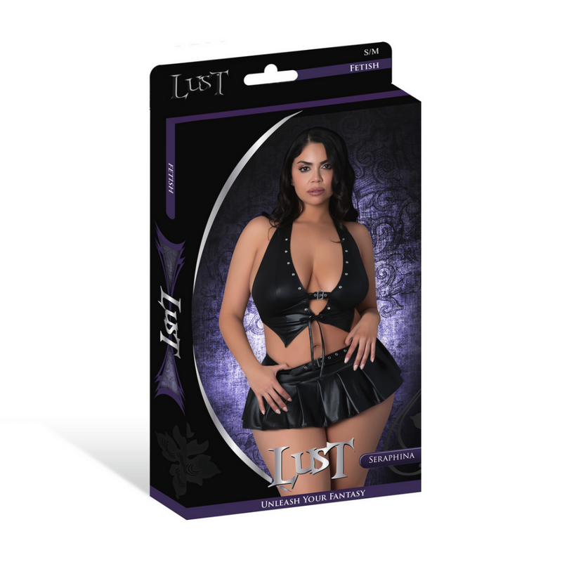 Seraphina - Haut à col halter avec jupe et string - 2X - Noir