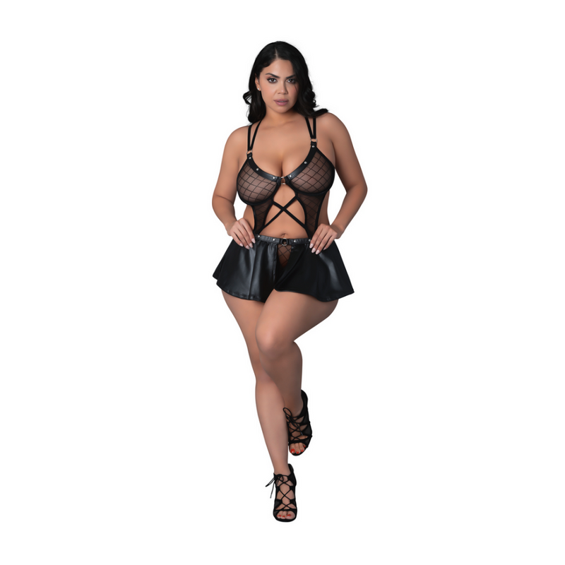 Anastasia - Culotte et soutien-gorge en satin ouvert avec anneaux et clous - 2X - Noir