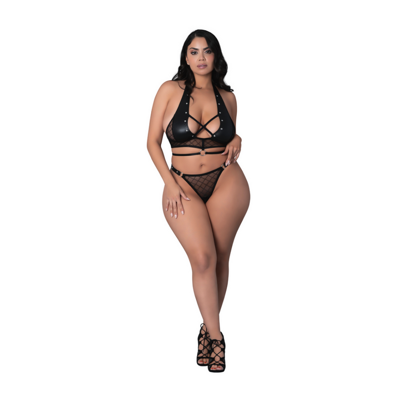 Nadia - Haut Halter en Maille Diamant et String avec Anneaux et Clous - 2X - Noir