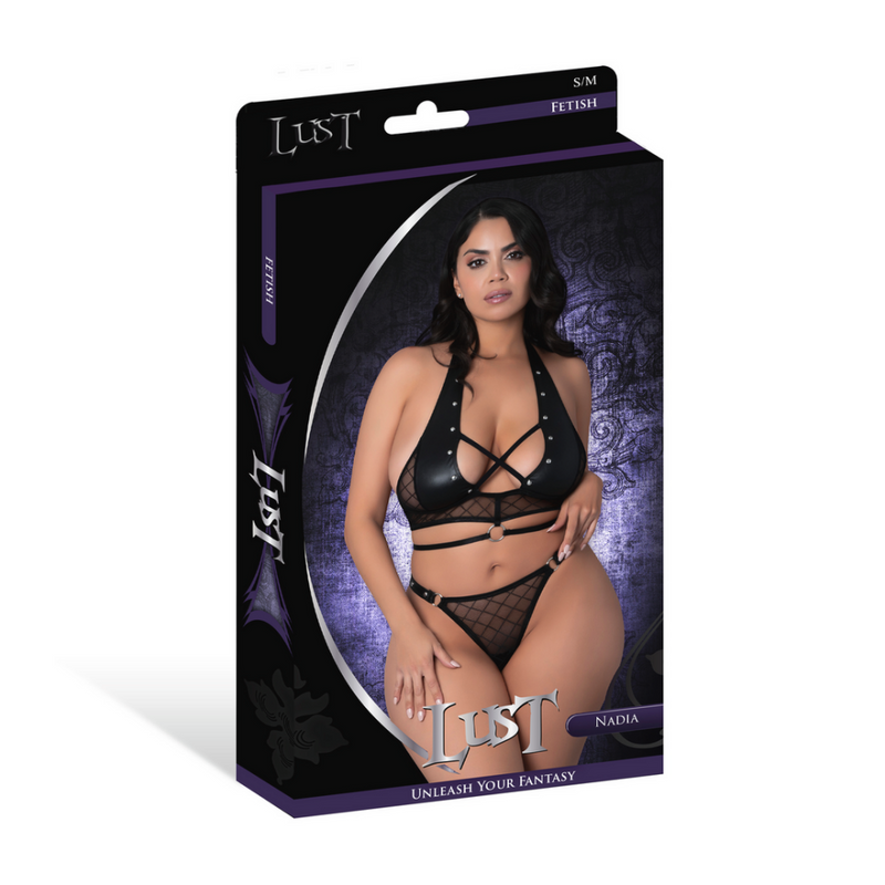 Nadia - Haut Halter en Maille Diamant et String avec Anneaux et Clous - 2X - Noir