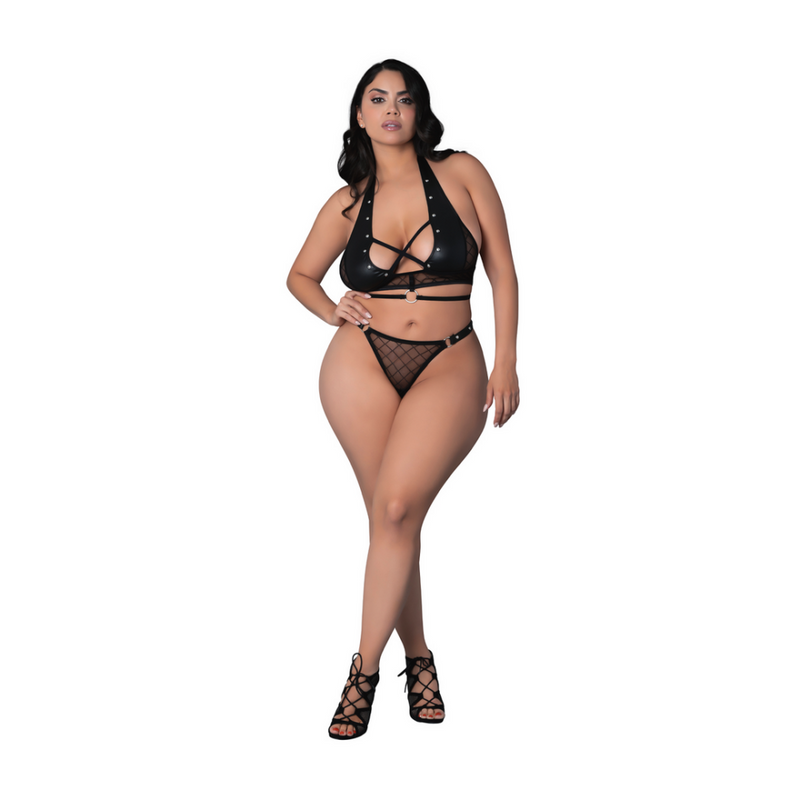 Nadia - Haut Halter en Maille Diamant et String avec Anneaux et Clous - 2X - Noir