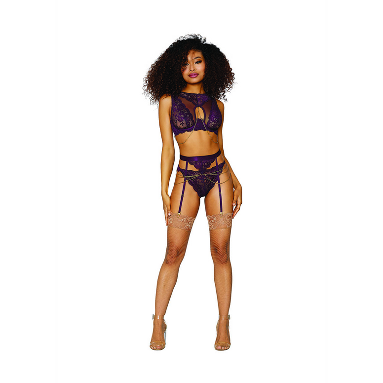 Women's Lace and Mesh 3 Piece Set - L - Aubergine