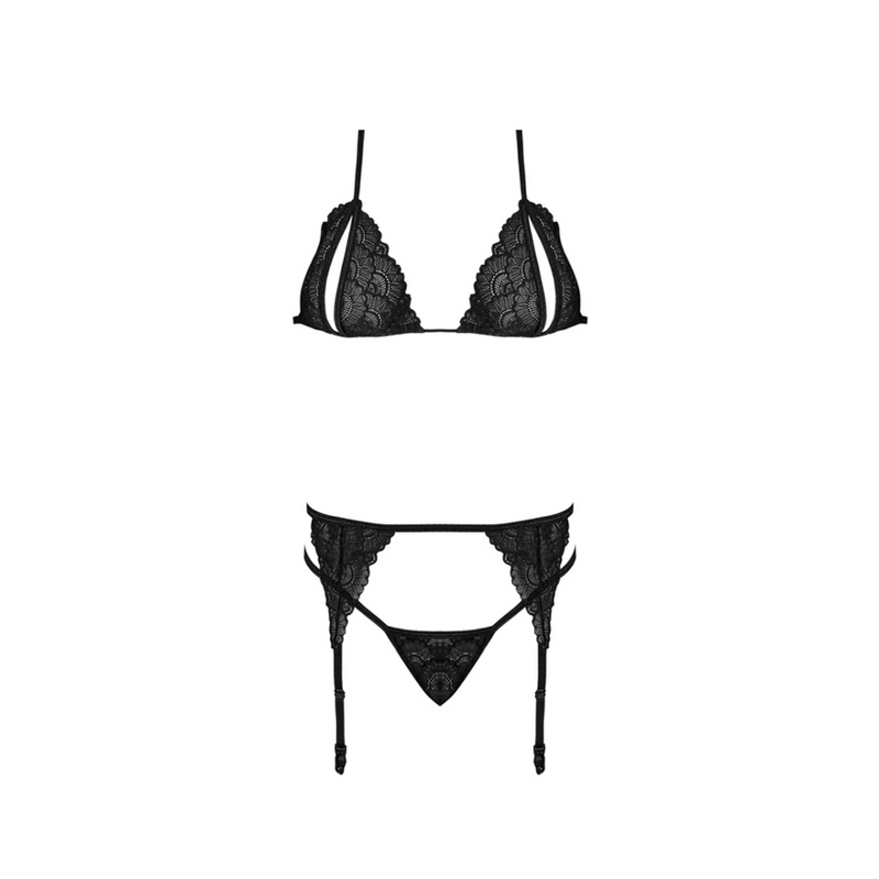 Peek-a-Boo Bra, Garter and G-String Set - L/XL - Black