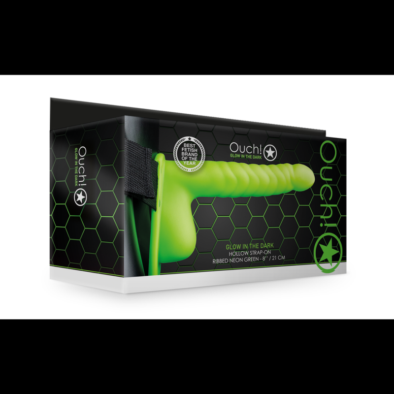 Glow in the Dark Ribbed Hollow Strap-On with Balls - 8 / 21 cm - Neon Green