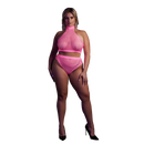 Col Montant et Jupe Taille Haute - Grande Taille - Rose Fluo