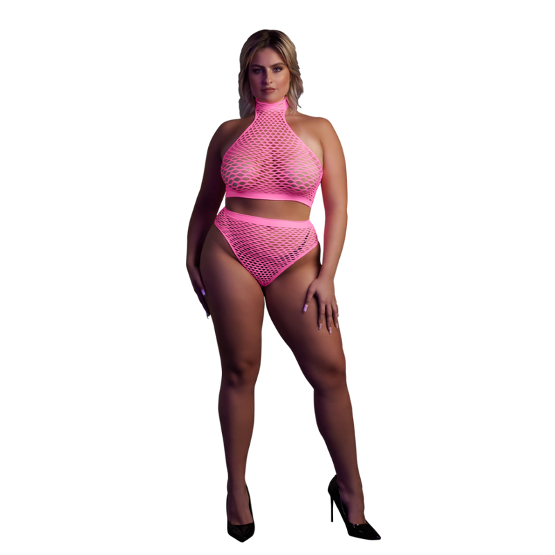 Turtle Neck and High Waist Slip - Plus Size - Neon Pink