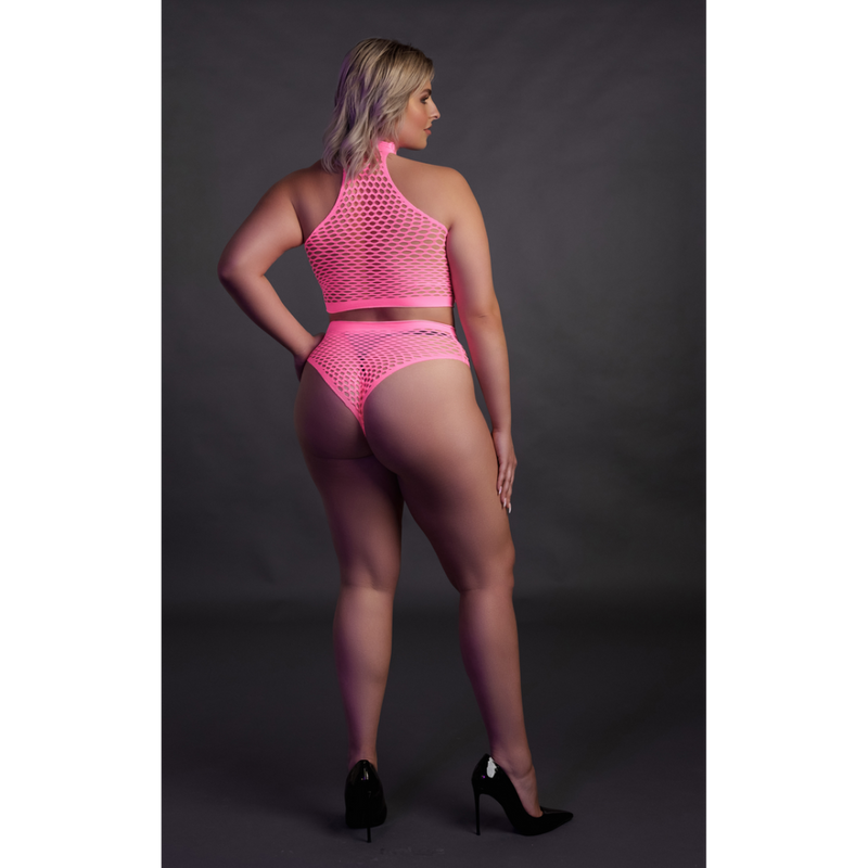 Turtle Neck and High Waist Slip - Plus Size - Neon Pink