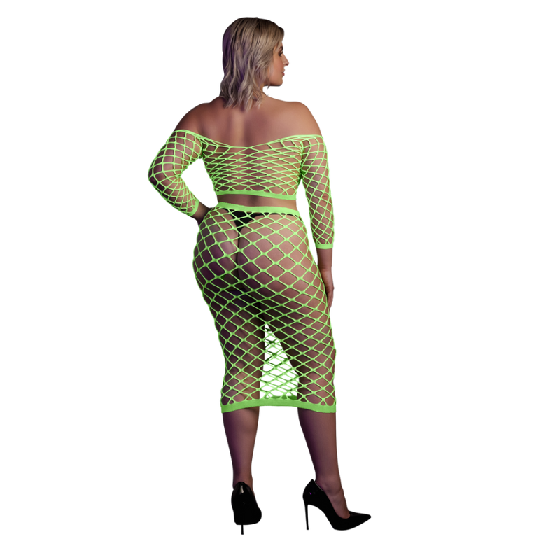 Long Sleeve Crop Top and Long Skirt - Plus Size - Neon Green