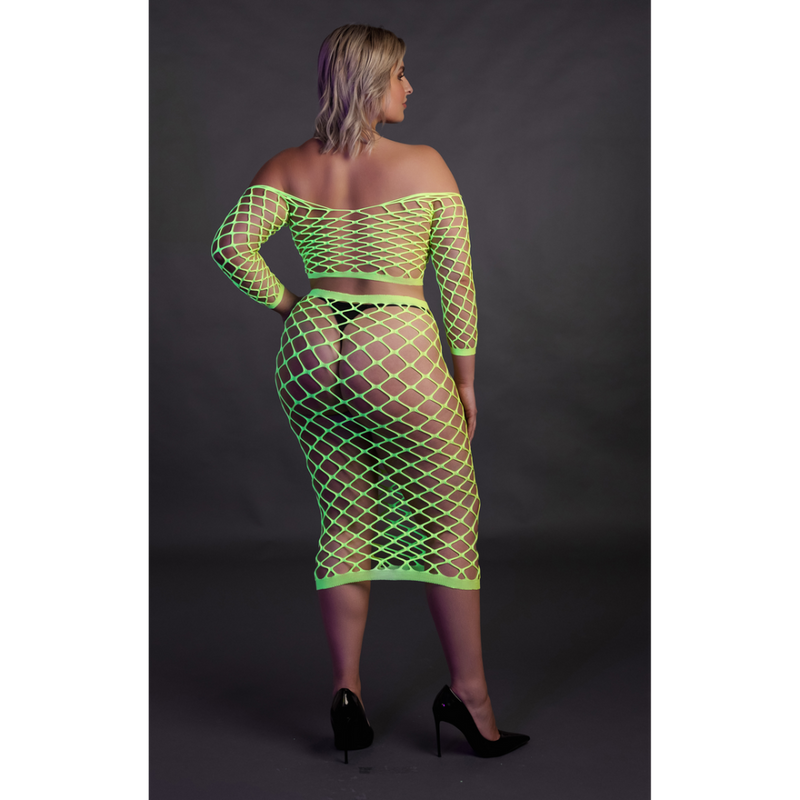 Long Sleeve Crop Top and Long Skirt - Plus Size - Neon Green