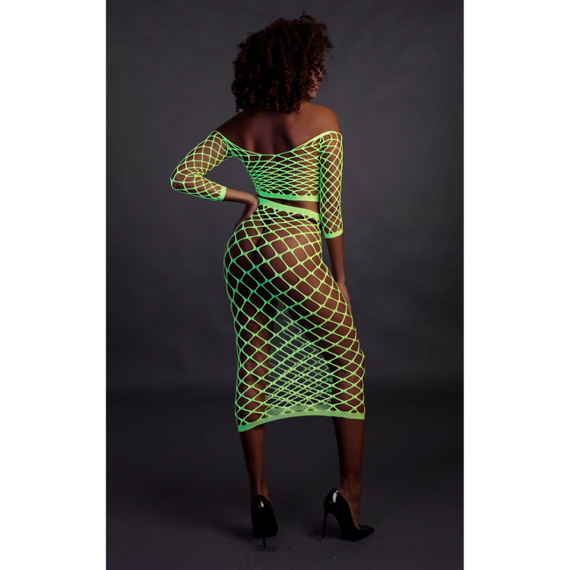 Long Sleeve Crop Top and Long Skirt - One Size - Neon Green