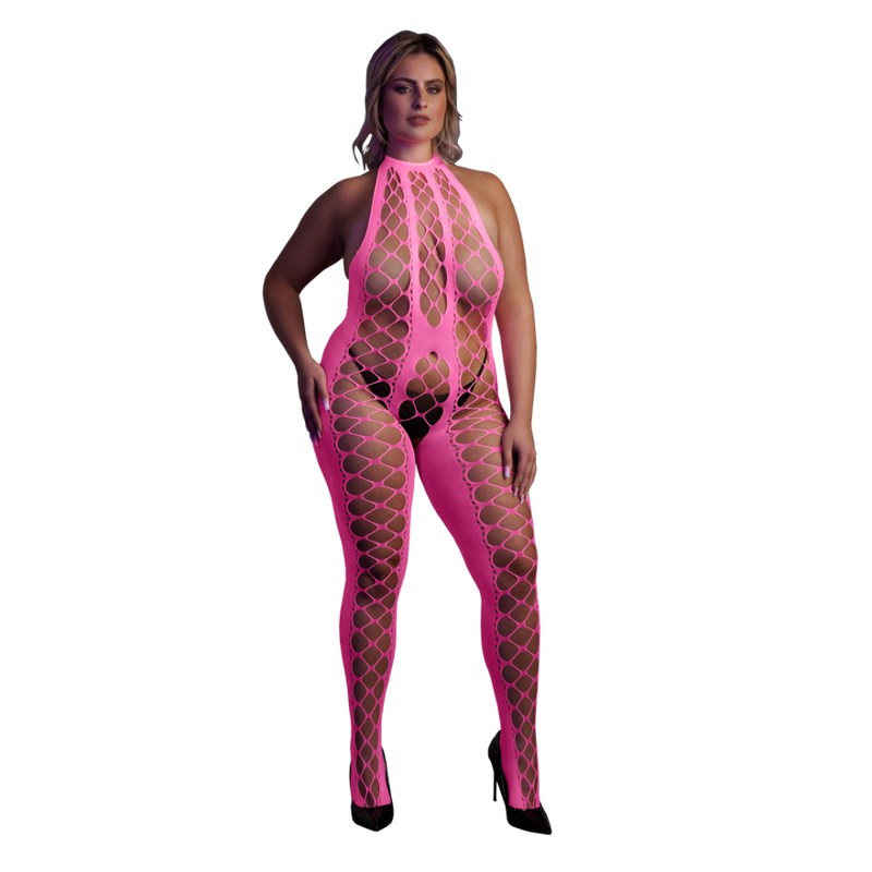 Bodystocking with Halterneck - Plus Size - Neon Pink