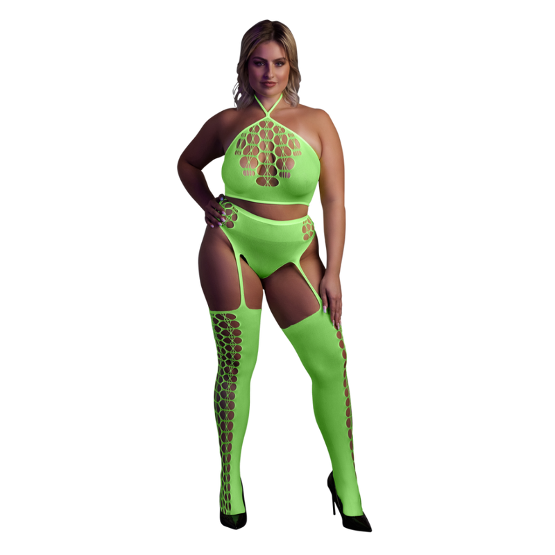 Two Piece with Crop Top and Stockings - Plus Size - Neon Green