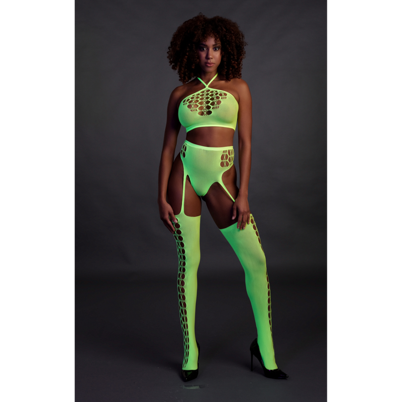 Two Piece with Crop Top and Stockings - One Size - Neon Green