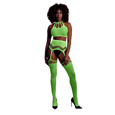 Two Piece with Crop Top and Stockings - One Size - Neon Green