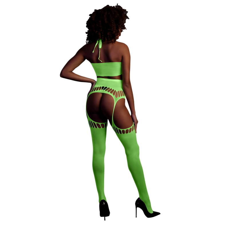 Two Piece with Crop Top and Stockings - One Size - Neon Green