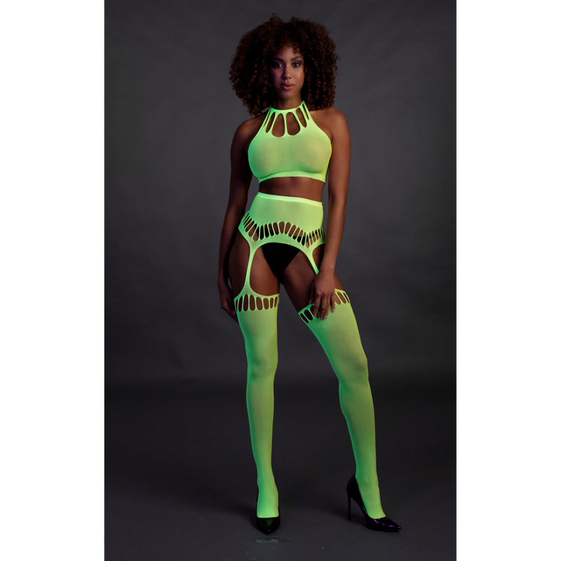 Two Piece with Crop Top and Stockings - One Size - Neon Green