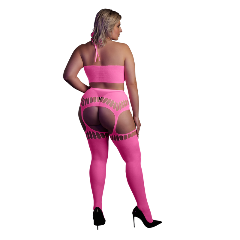 Two Piece with Crop Top and Stockings - Plus Size - Neon Pink