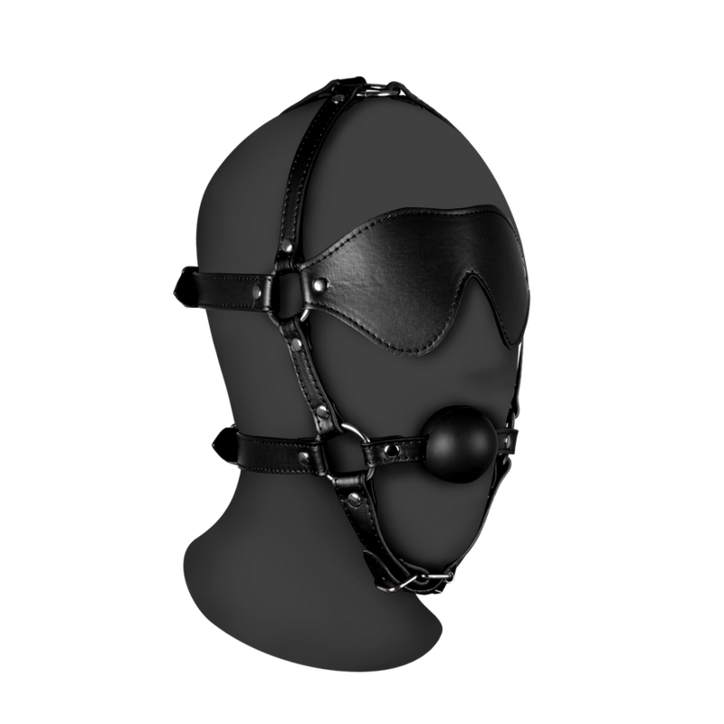 Blindfolded Head Harness with Solid Ball Gag - Black