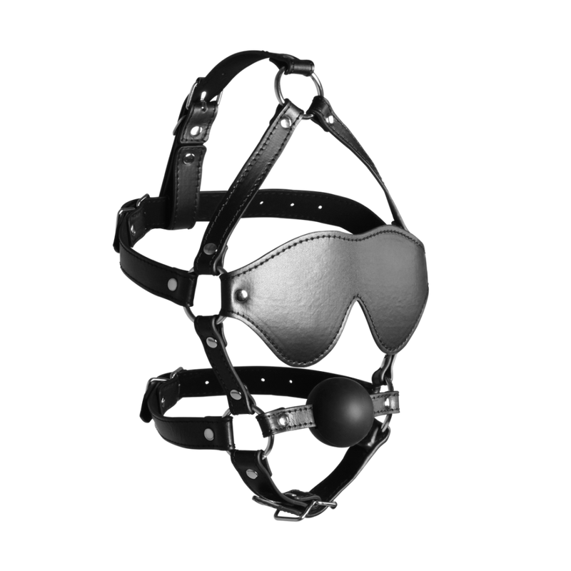 Blindfolded Head Harness with Solid Ball Gag - Black