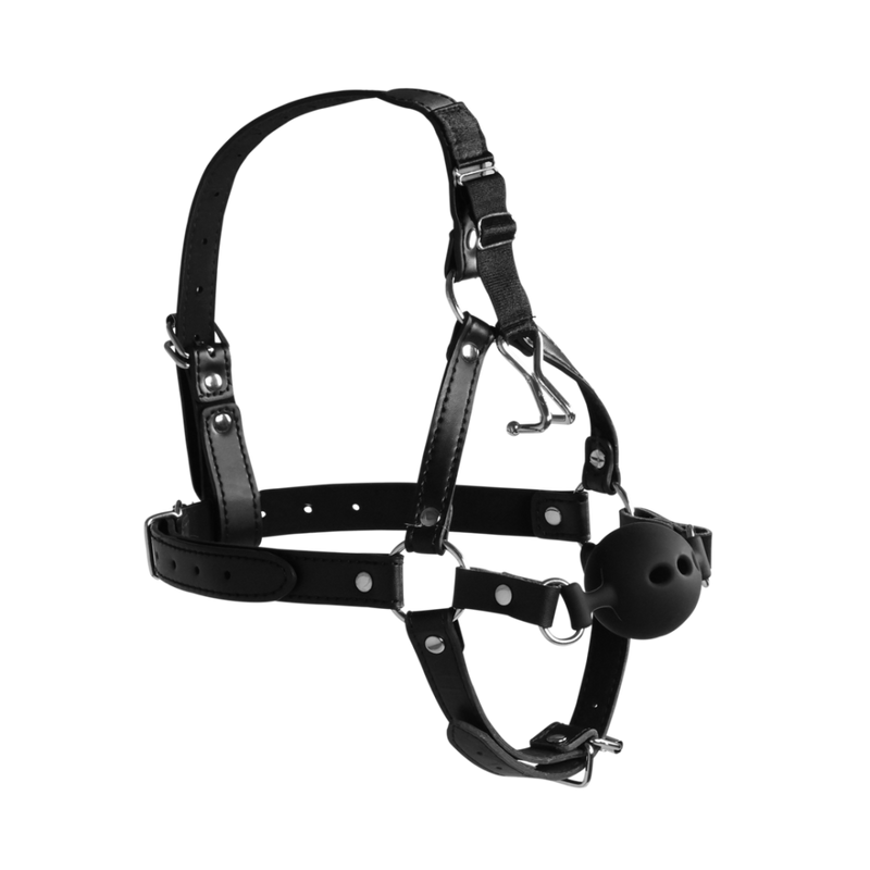 Head Harness with Breathable Ball Gag and Nose Hooks - Black