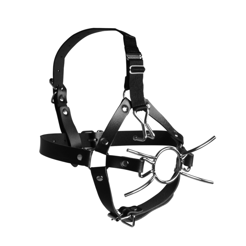 Head Harness with Spider Gag and Nose Hooks - Black