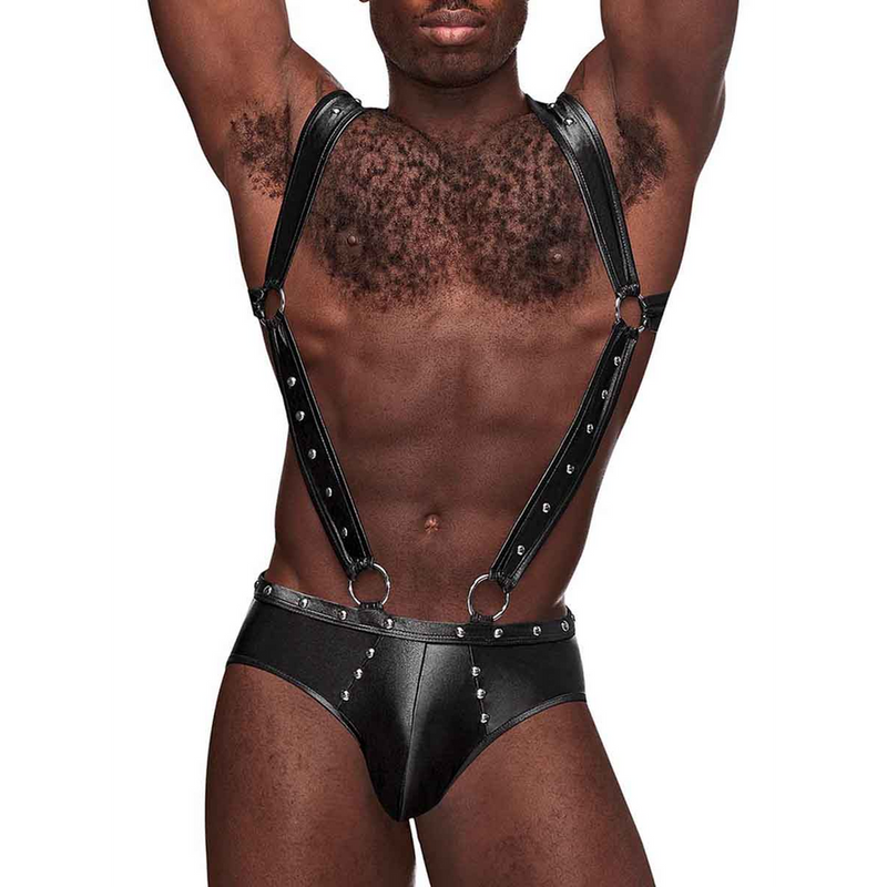 Uranus - Harness Style Open Back Jock Briefs with Suspender Straps - L/XL - Black